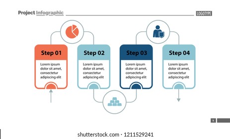 Four steps process chart slide template. Business data. Stage, diagram, design. Creative concept for infographic, presentation. Can be used for topics like management, workflow, finance.