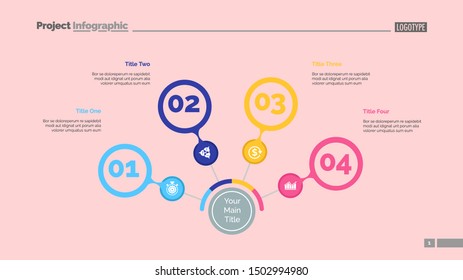 Four steps process chart slide template. Business data review  diagram, design. Creative concept for infographic presentation, report. Can be used for topics like marketing, finance, production.
