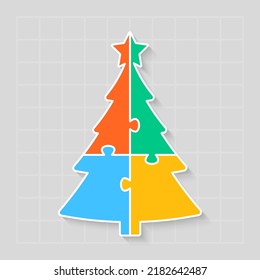 Four steps puzzle diagram infographic. Business, idea, flow concept. Template silhouette fir-tree for 4 options, parts, processes. Jigsaw timeline info graphic. Can be used for process, presentation