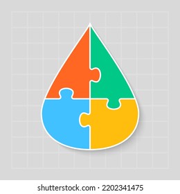 Four steps puzzle diagram infographic. Business, idea, flow concept. Template silhouette drop for 4 options, parts, processes. Jigsaw timeline info graphic. Can be used for process, presentation