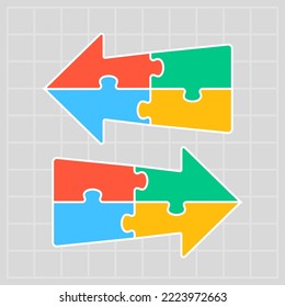 Four steps puzzle diagram infographic. Business, idea, flow concept. Template arrow for 4 options, parts, processes. Jigsaw timeline info graphic. Can be used for process, presentation