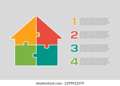 Four steps puzzle diagram infographic. Business, idea, flow concept. Template silhouette house for 4 options, parts, processes. Jigsaw timeline info graphic. Can be used for process, presentation