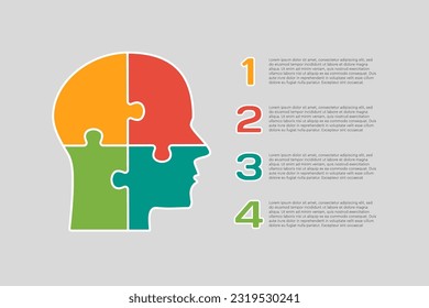 Four steps puzzle diagram infographic. Business, idea, flow concept. Template silhouette head for 4 options, parts, processes. Jigsaw timeline info graphic. Can be used for process, presentation