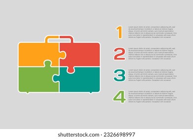 Four steps puzzle diagram infographic. Business, idea, flow concept. Template silhouette suitcase for 4 options, parts, processes. Jigsaw timeline info graphic. Can be used for process, presentation