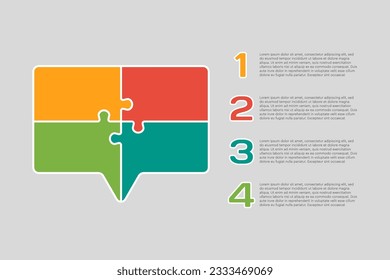 Four steps puzzle diagram infographic. Business, idea, flow concept. Template speech bubble suitcase for 4 options, parts, processes. Jigsaw timeline info graphic. Can be used for process presentation