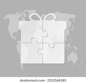 Four steps puzzle diagram infographic. Business, idea, flow concept. Template box gift suitcase for 4 options, parts, processes. Jigsaw timeline info graphic. Can be used for process presentation