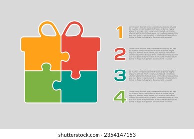 Four steps puzzle diagram infographic. Business, idea, flow concept. Template gift box suitcase for 4 options, parts, processes. Jigsaw timeline info graphic. Can be used for process presentation