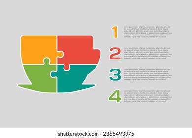 Four steps puzzle diagram infographic. Business, idea, flow concept. Template cup for 4 options, parts, processes. Jigsaw timeline info graphic. Can be used for process presentation