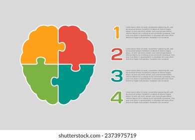 Four steps puzzle diagram infographic. Business, idea, flow concept. Template brain for 4 options, parts, processes. Jigsaw timeline info graphic. Can be used for process presentation