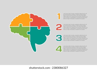 Four steps puzzle diagram infographic. Business, idea, flow concept. Template brain for 4 options, parts, processes. Jigsaw timeline info graphic. Can be used for process presentation