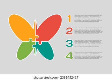 Four steps puzzle diagram infographic. Business, idea, flow concept. Template butterfly for 4 options, parts, processes. Jigsaw timeline info graphic. Can be used for process presentation