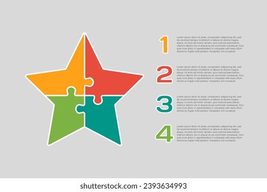 Four steps puzzle diagram infographic. Business, idea, flow concept. Template five pointed star for 4 options, parts, processes. Jigsaw timeline info graphic. Can be used for process presentation