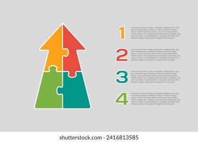 infografía del diagrama de rompecabezas de cuatro pasos. Negocio, idea, concepto de flujo. Flecha de plantilla para 4 opciones, partes, procesos. Gráfico informativo de la cronología de Jigsaw. Se puede utilizar para la presentación de procesos