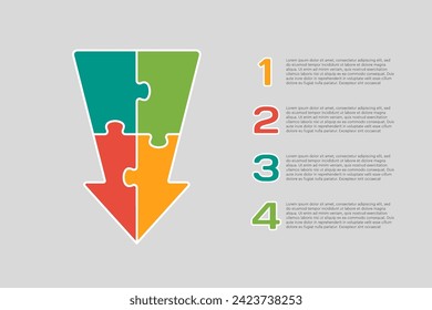 Four steps puzzle diagram infographic. Business, idea, flow concept. Template arrow down for 4 options, parts, processes. Jigsaw timeline info graphic. Can be used for process presentation