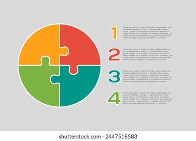 Infografía del diagrama de puzzle de cuatro pasos. Negocio, idea, concepto de flujo. Plantilla silueta círculo para 4 opciones, piezas, procesos. Gráfico de información de línea de tiempo de Jigsaw. Puede ser utilizado para el proceso, presentación