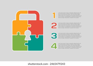 Four steps puzzle diagram infographic. Business, idea, flow concept. Template silhouette lock for 4 options, parts, processes. Jigsaw timeline info graphic. Can be used for process, presentation