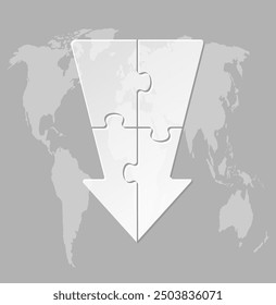 Four steps puzzle diagram infographic. Business, idea, flow concept. Template silhouette arrow down for 4 options, parts, processes. Jigsaw timeline info graphic. For process, presentation