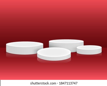 Four Steps Round Podium. White Platform On Red Background With Empty Space For Display