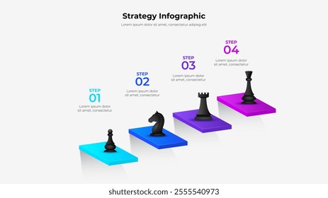 Four steps strategy infographic showing chess pieces on colorful steps, representing planning and progress