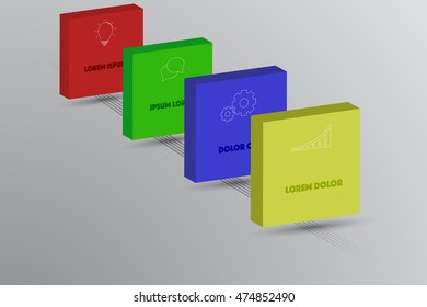 Four steps timeline infographics with 3D squares, outline icons and lines on ground. 4 steps business infographic with bulb, doodle, gear and chart icons on colorful 3D rectangles.