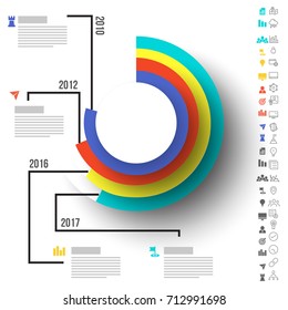 Four steps, Timeline Infographics layout with icons set, in black and white and colorful versions.