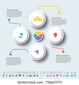 Four steps, Timeline Infographics layout with icons set, in black and white and colorful versions. 