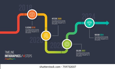 Four steps timeline or milestone infographic chart. 4 options vector template for presentations, data visualization, layouts, annual reports, web design.