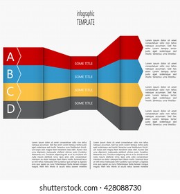 Four steps timeline perspective diagram. Four folded arrows in four colors. Place for text within shape and outside of shape. Infographic template. Vector illustration.