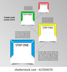 Four steps timeline template. Square format with frame around card. Shadow below objects. Place for text within shape or next.