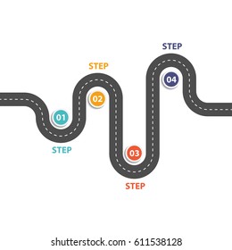 Four Steps Winding asphalt road with color pin-pointers. Vector EPS 10.jpg