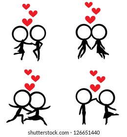 four stick figure couples with hovered red hearts