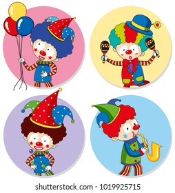 Four sticker template with clowns and balloons illustration