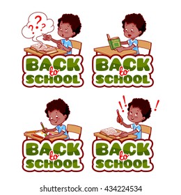 Four stickers with african american schoolboy. "Back to school" banners. Vector cartoon illustration isolated on a white background.