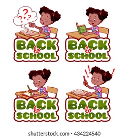 Four stickers with african american schoolgirl. "Back to school" banners. Vector cartoon illustration isolated on a white background.