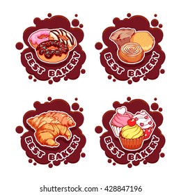 Four stickers with different bakery products. "Best bakery" banners. Vector cartoon illustration isolated on a white background.