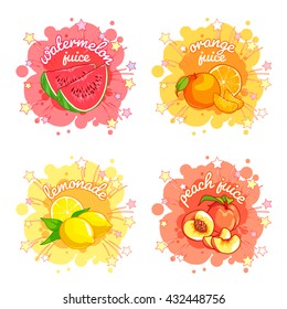 Four stickers with different fruit juices. Watermelon, orange, lemon and peach. Vector cartoon illustration isolated on a white background.