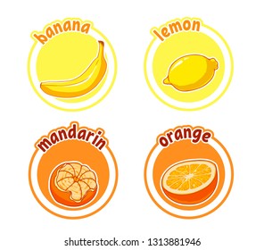 Four stickers with different fruits. Banana, lemon, mandarin and orange. Vector cartoon illustration isolated on a white background.