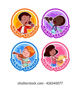 Four stickers with kids. Logo template for music school. Vector cartoon illustration isolated on a white background.