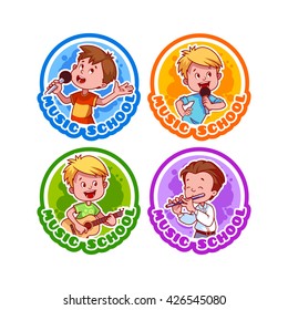 Four stickers with kids. Logo template for music school. Vector cartoon illustration isolated on a white background.