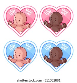 Four stickers in the shape of a heart with cute babies: I love you!