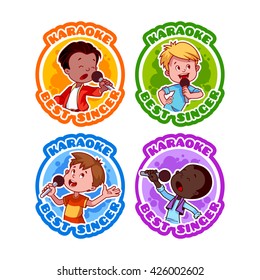 Four stickers with singing boys. Medal for best singer in karaoke. Vector cartoon illustration isolated on a white background.