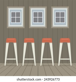 Four Stool Chairs Under Three Windows Vintage Style Vector Illustration