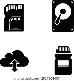Four storage and cloud transfer icons set isolated transparent background