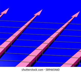 four straight pink arrow on a blue background Isometric