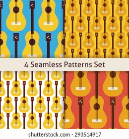 Four String Music Instrument Guitar Patterns Set. Flat Style Vector Seamless Texture Background. Musical Template. Arts and Entertainment. Rock and Sound. Acoustic guitar. 