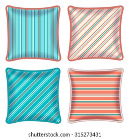 Four striped throw pillows. Decorative throw pillows, patterned pillowcase - orange and turquoise stripe pattern. Isolated on white. Vector illustration.