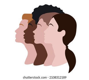 Four strong women of different nationalities are looking in the same direction. The girl is African American, Irish, Asian, Slavic. Bust or head isolated on white background.