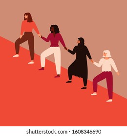 Vier starke Frauen kommen dem gemeinsamen Ziel entgegen. Gruppen von Freunden oder feministischen Aktivisten unterstützen einander. Feminismus Konzept, Girl Power Poster, internationale Frauentag-Urlaubskarte. Vektorillustration