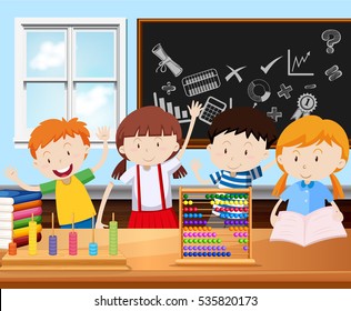Four students in classroom illustration