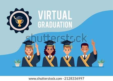 four students graduates characters group